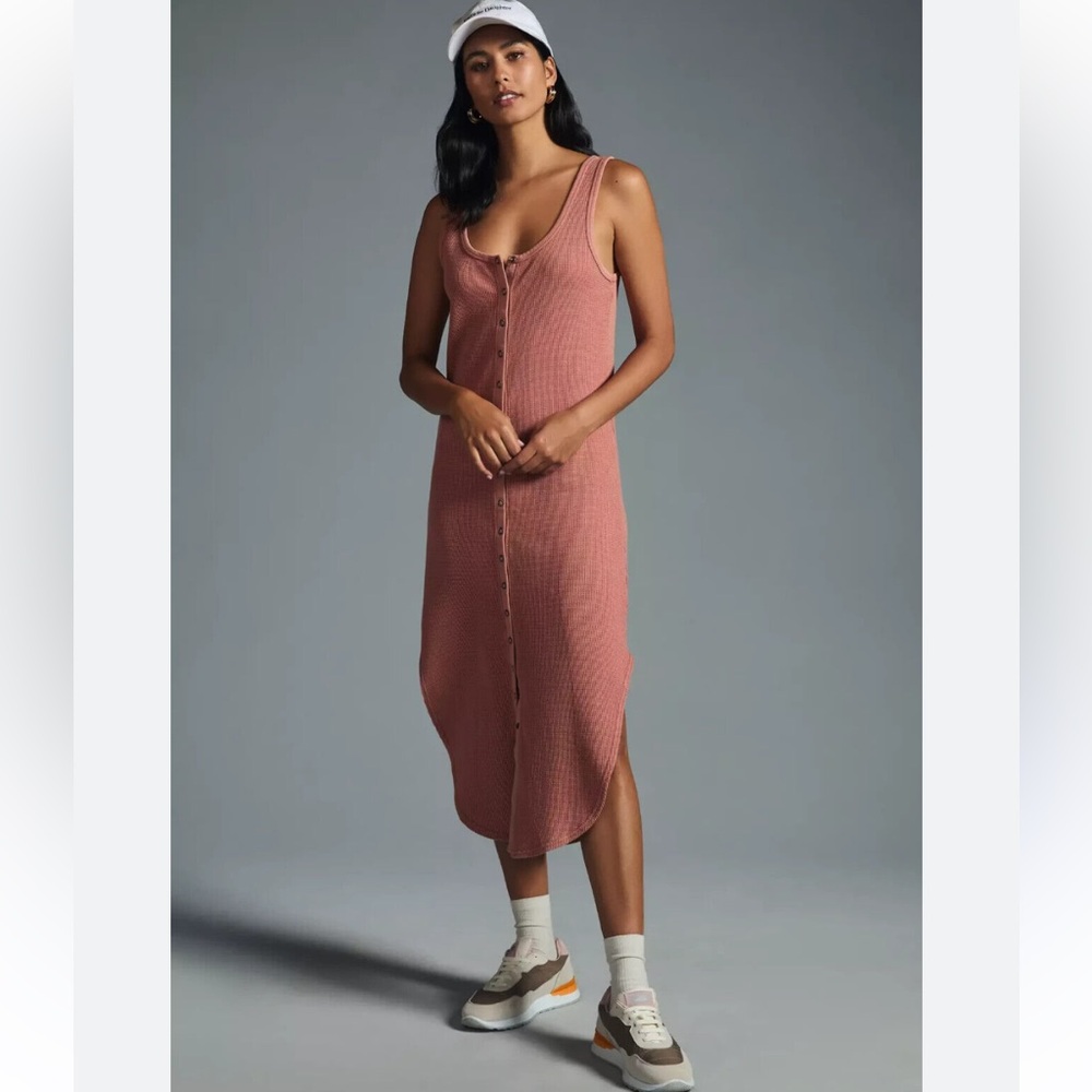 Anthropologie Daily Practice Button Front Midi Dress Waffle Size XS